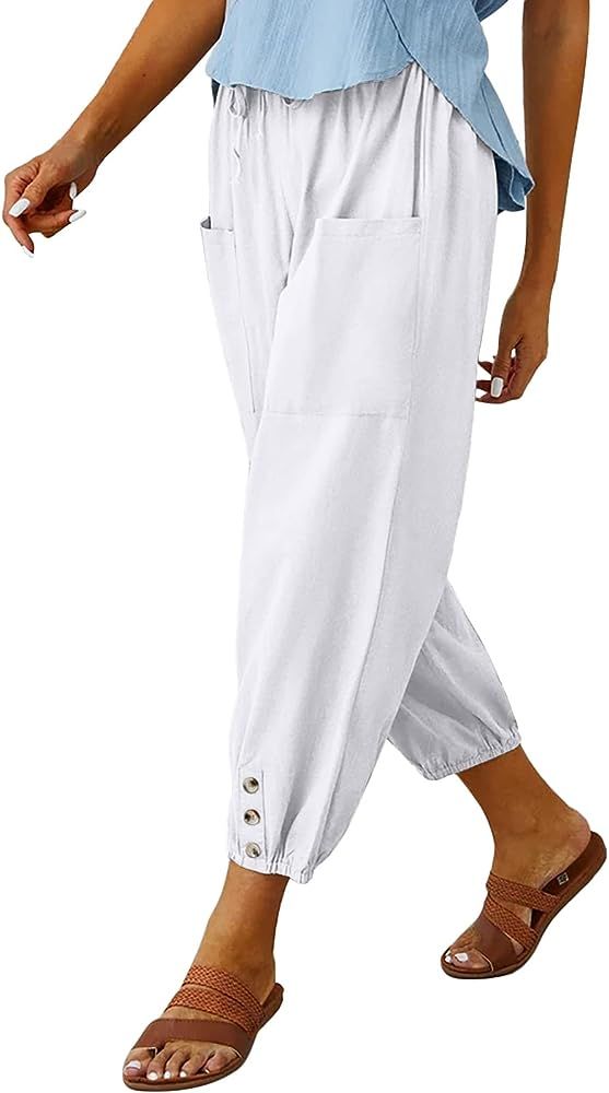 Women's High Waist Pants Drawstring Capri Pants with Pockets Wide Leg Cropped Pants for Women | Amazon (US)