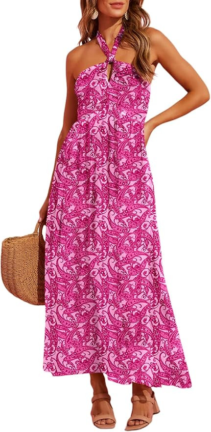 Dokotoo Women's Summer Dresses Halter Neck Sleeveless Backless Flowy A Line Boho Maxi Dress | Amazon (US)