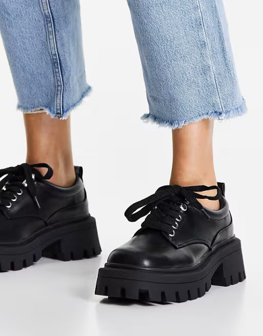 ASOS DESIGN Moorgate chunky square toe flat shoes in black | ASOS (Global)