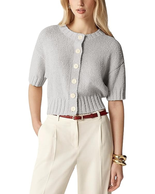 Womens 2025 Lightweight Cardigan Short Sleeve Knit Button Down Cropped Pullover Ribbled Sweater | Amazon (US)