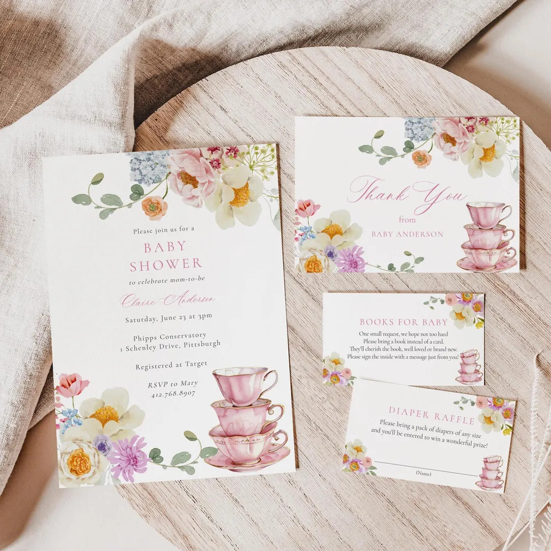 Wildflower Tea Party Baby Shower Invitation Set With Diaper Ticket, Book Request, Thank You Card ... | Etsy (US)