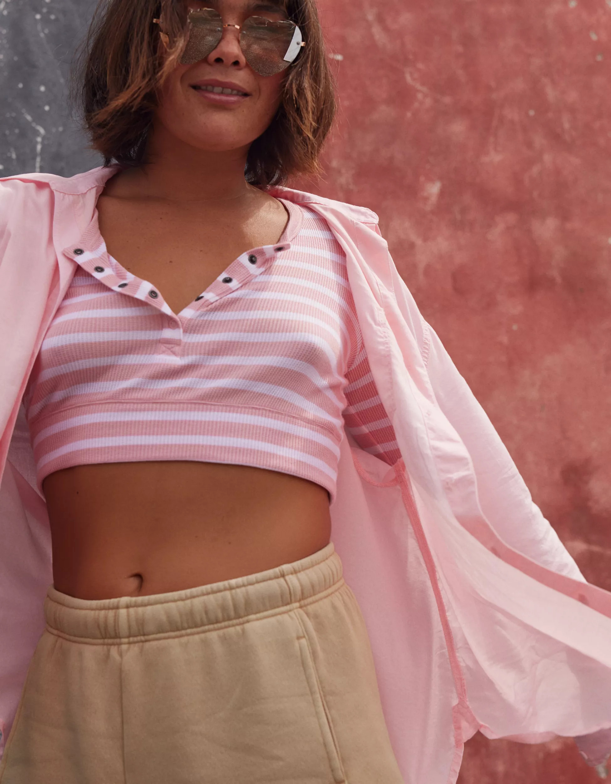 OFFLINE By Aerie Thumbs Up Waffle Henley Cropped T-Shirt | Aerie