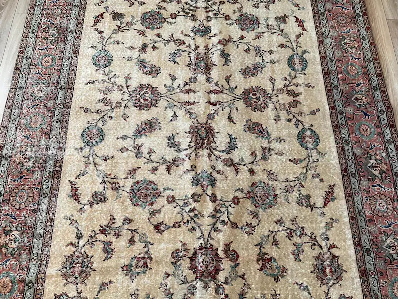 7x10 Vintage Rug, Turkish Rug, Floral Beige Rug, Handmade Wool Area Rug, Living Room Rug, Large R... | Etsy (Global)