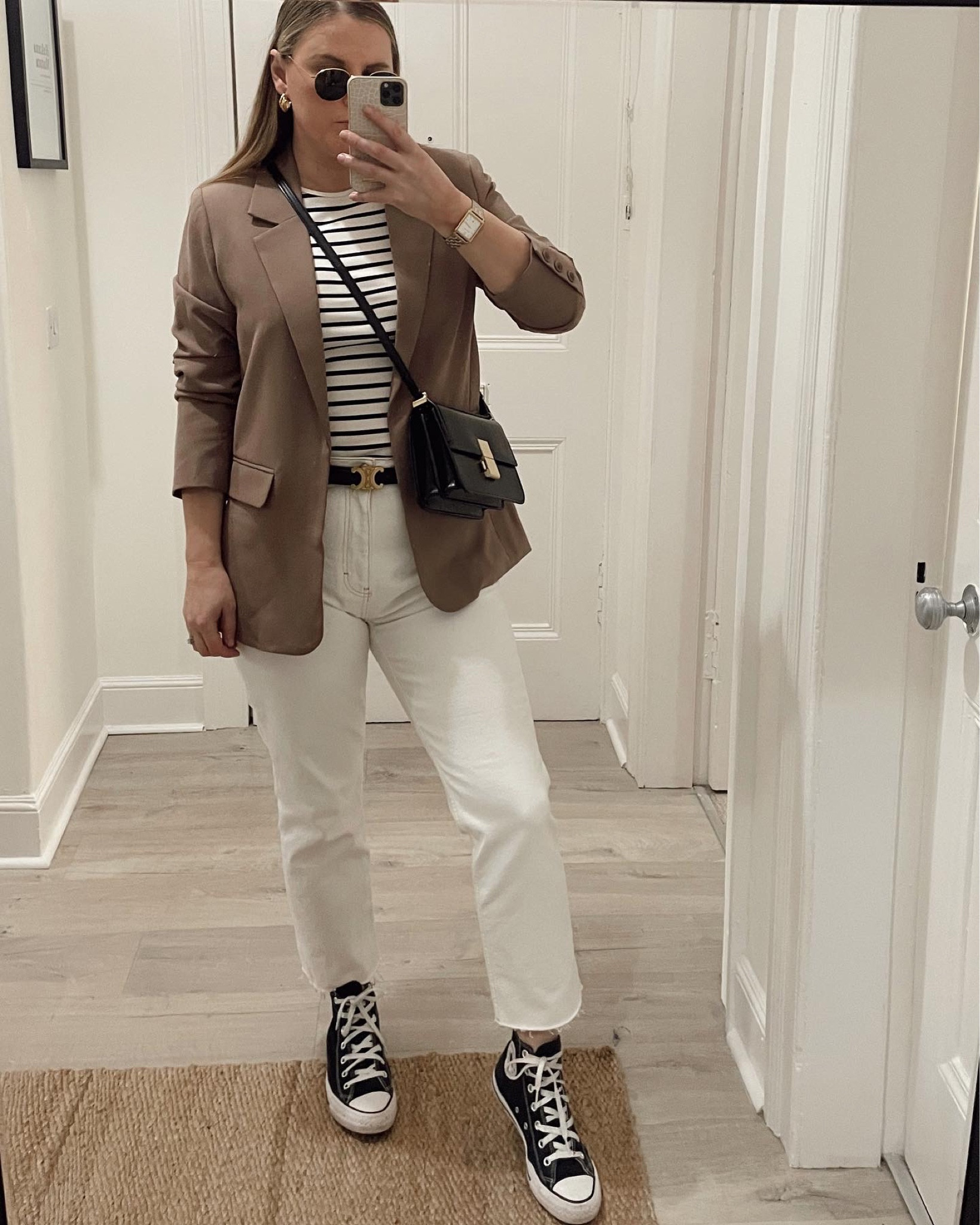 Spring blazer outfit! Neutral style outfit with stripes and white jeans! Perfect layering piece for spring! 

#LTKSeasonal #LTKeurope #LTKunder50