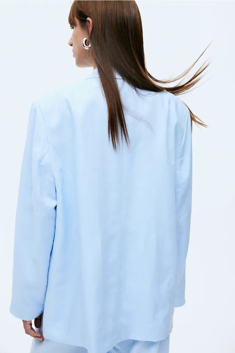 Linen-blend Blazer - Long sleeve - Long - Light blue - Ladies | H&M US | H&M (US + CA)