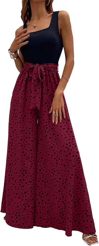 Yajedo Women's Jumpsuits Dressy Casual Summer Loose Wide Leg Tank Top Jumpsuit with Belt | Amazon (US)
