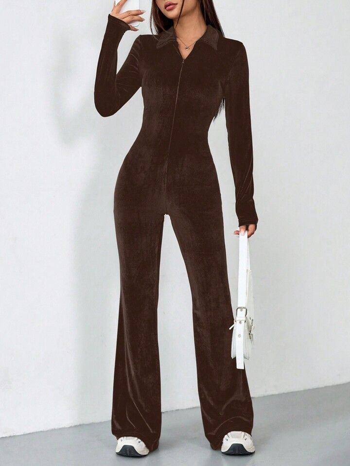 SHEIN EZwear Women's Zipper Front Slim Fit Long Sleeve Bell Bottom Jumpsuit | SHEIN