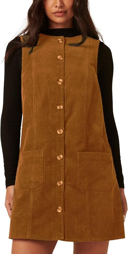 Tanming Womens Corduroy Overalls Dress Crew Neck Button Down Fashion Jumper Pinafore with Pockets | Amazon (US)