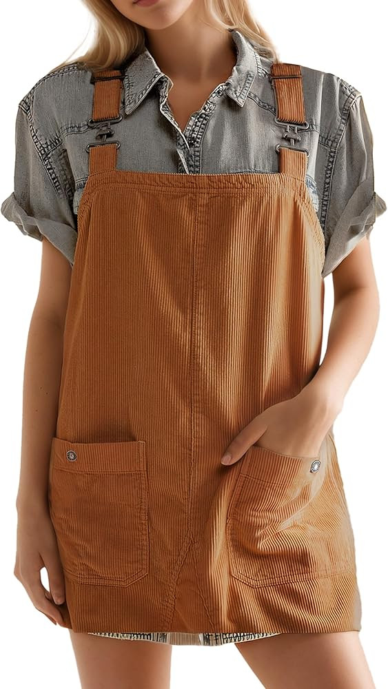 Women's Corduroy Pinafore Overall Dress Pure Cotton Casual Fashion A Line Cute Jumper Bib Skirt w... | Amazon (US)