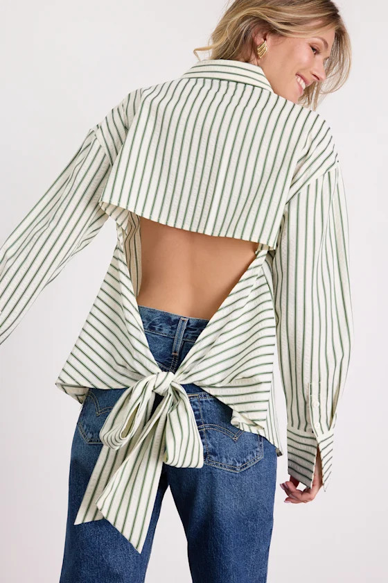 Logan Ivory and Green Striped Cutout Button-Up Long Sleeve Top | Lulus