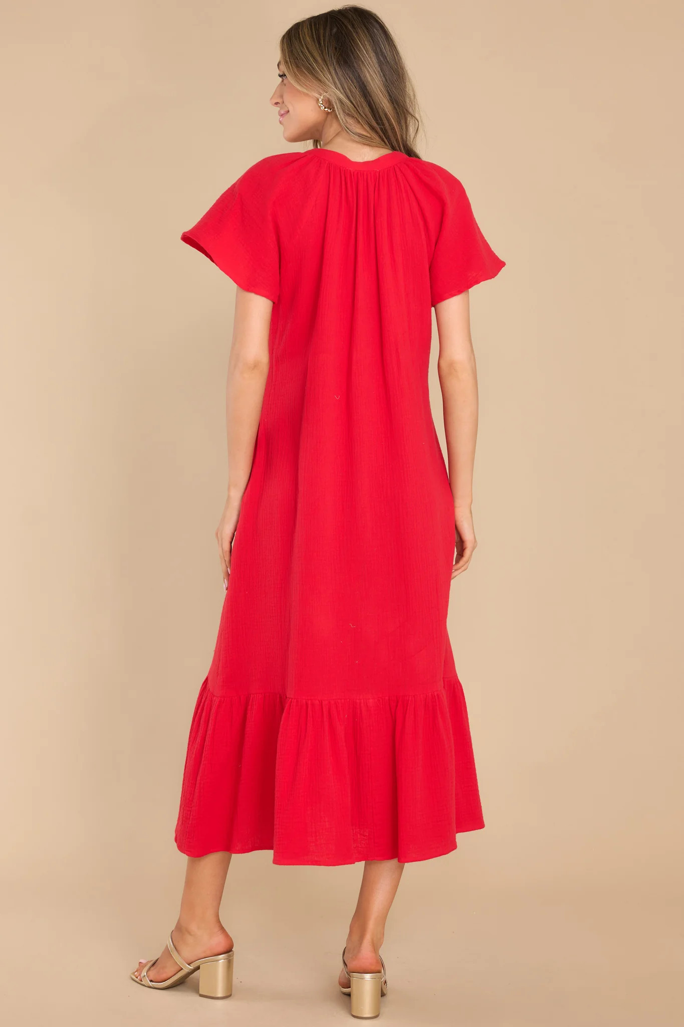 Buttoned Up Beauty Red Gauze Midi Dress | Red Dress 