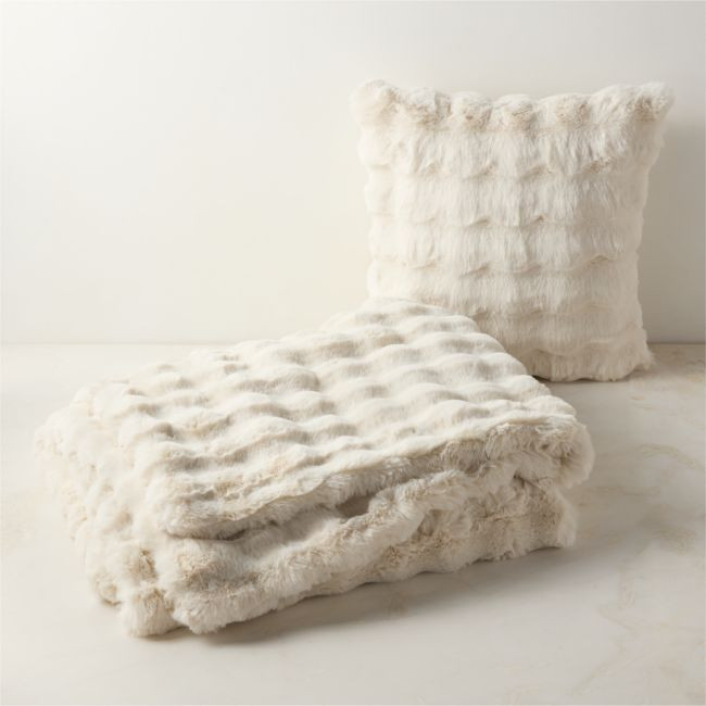 Farleigh Warm White Faux Fur Throw Pillow Cover and Throw Blanket Set | CB2