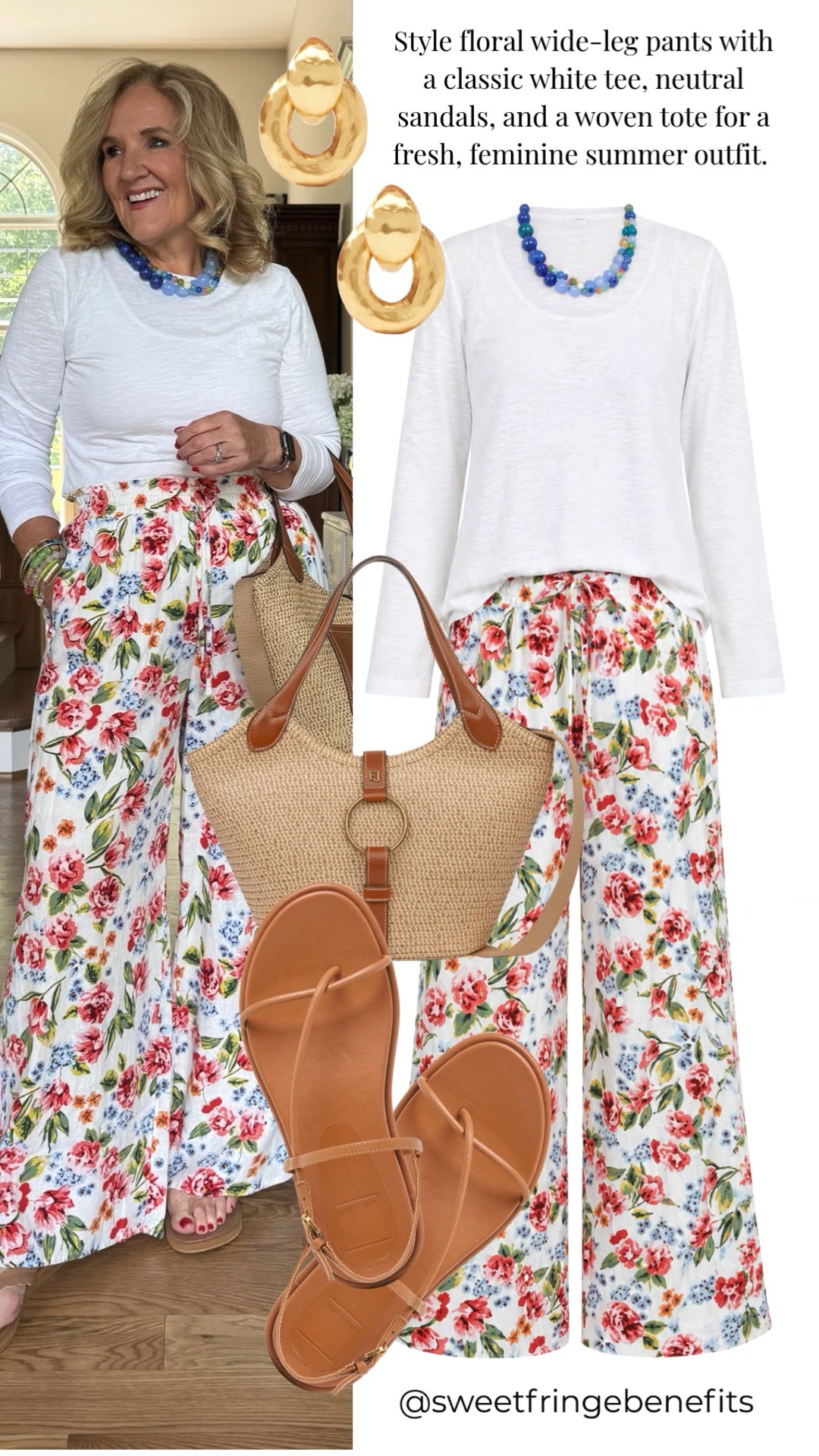 These floral wide-leg pants are such a fun statement piece for summer! I love pairing them with a simple white tee to let the beautiful floral print shine. Finish the look with neutral sandals, a woven tote, and colorful accessories for an effortless outfit that's perfect for brunch, vacation, garden parties, or weekend outings.

💡 LTK MADE EASY
❤️ Heart = Support my posts!
🔖 Save = Get sale & restock alerts
📋 Lists = Keep favorites organized
📲 Share = Send lists and products to a friend. Hello, Christmas List!
💬 Comment = Ask me anything about sizing or fit. :-)

#LTKootd #LTKOver40 #LTKSaleAlert