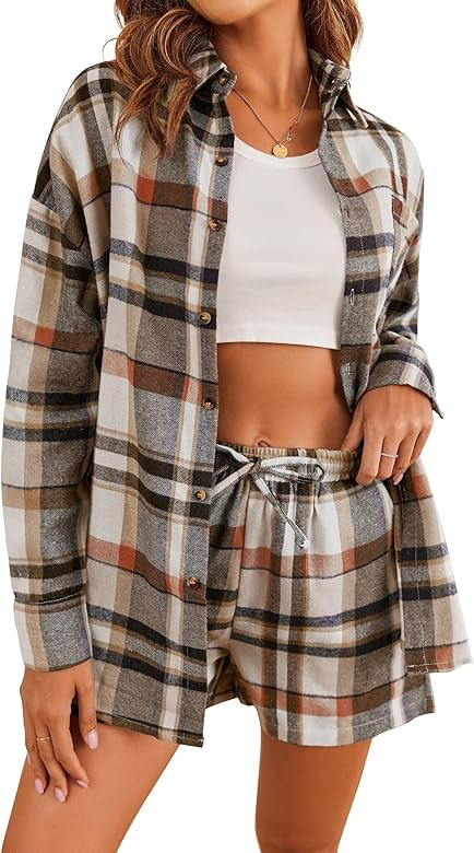 Ekouaer Plaid Outfits for Women Button Down Lounge Sets Long Sleeve Shirts and Shorts Casual Pajamas | Amazon (US)