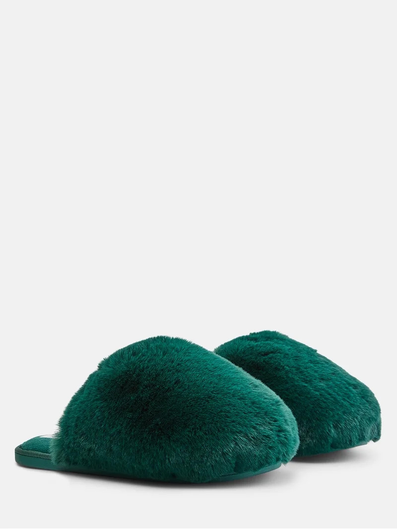 Joyspun Women\u2019s Puff Scuff Faux Fur Slippers | Walmart (US)