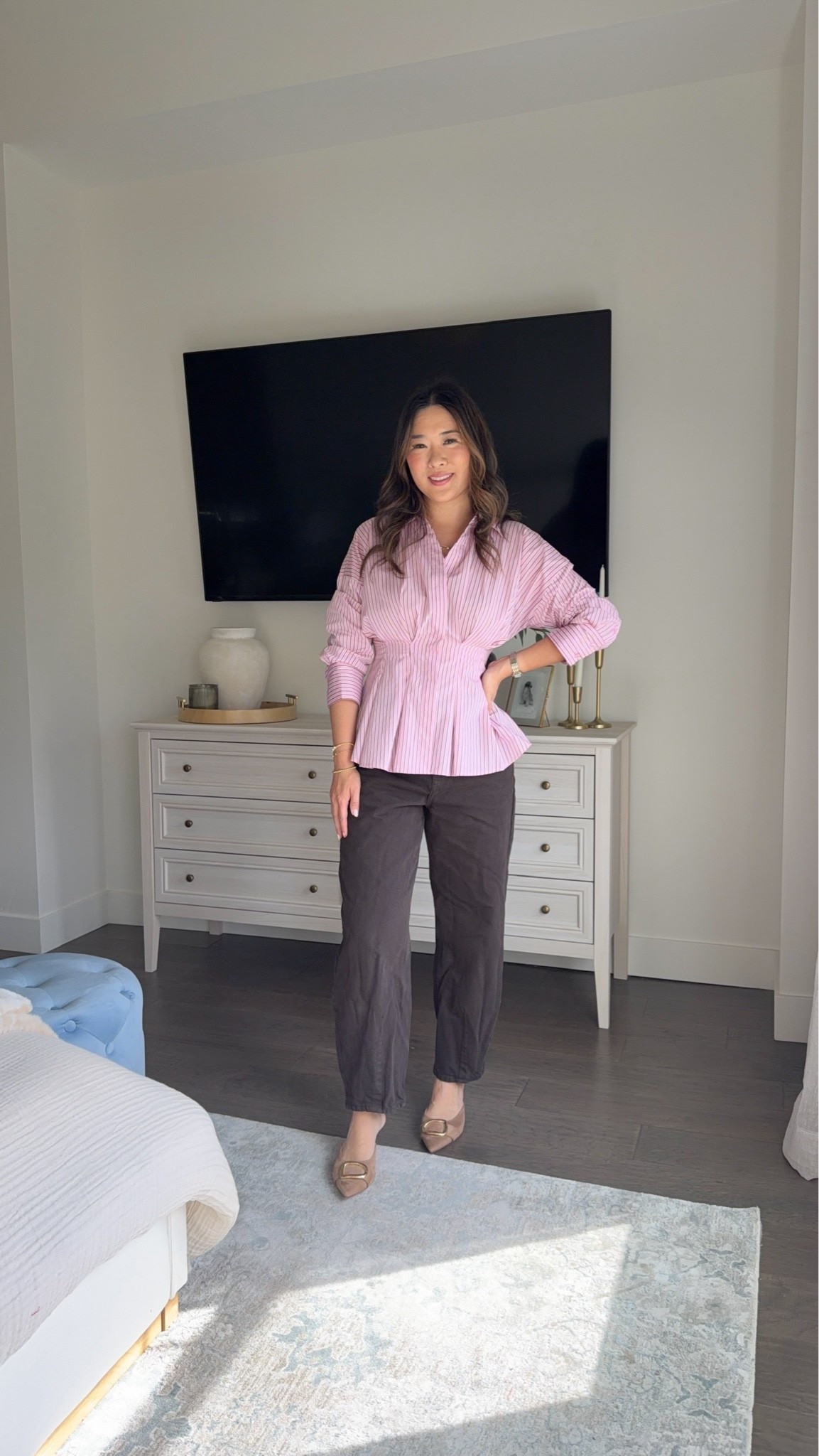 Target New Arrivals // Boujee on a budget // look for less Polka dot top: Medium (swapping for Small) High rise flare jeans: 6 Faux leather jacket: Small Pink top: Small Brown barrel denim: 6 Workout set: Medium Black Jacket: Medium Cream Blouse: Medium Red Denim: 6