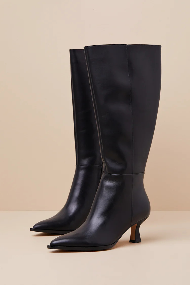 Auggie Wide Calf Black Leather Pointed-Toe Knee-High Boots | Lulus