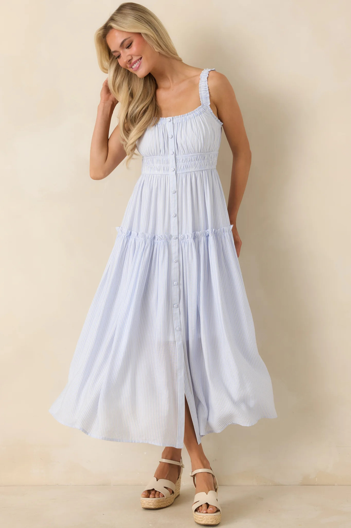 Keep You 'Til the End Light Blue Pinstripe Smocked Waist Midi Dress | Red Dress