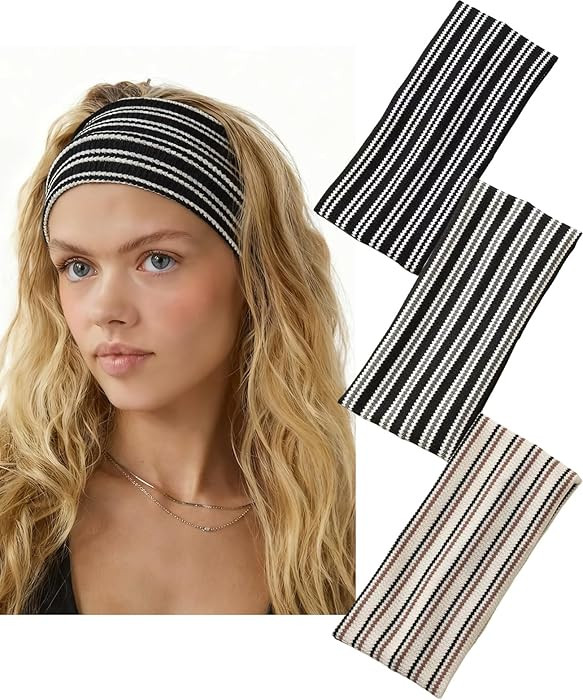 Haujemea 3 Pcs Knitted Striped Headbands for Women Non Slip Hair Band Thick Yoga Workout Headband... | Amazon (US)