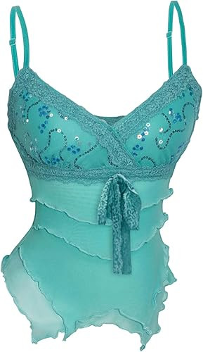 WDIRARA Women's Sequin Mesh Camisole Lace Trim V Neck Tiered Cami Tops | Amazon (US)