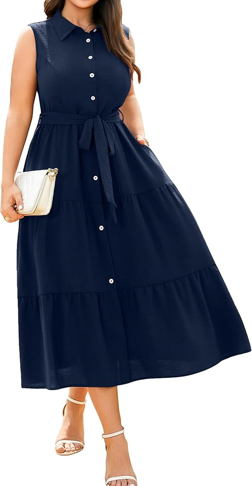 RWJ Plus Size Women's Summer Sundress 2026 Elegant Sleeveless Dresses Button Belted Tiered Boho M... | Amazon (US)