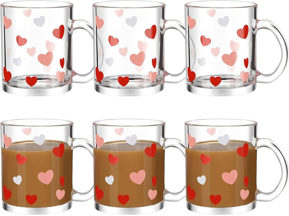 Maxcheck 6 Pack 12 oz Valentine's Day Heart Coffee Mugs Red Pink Glasses Cups Love Drinking Glass... | Amazon (US)
