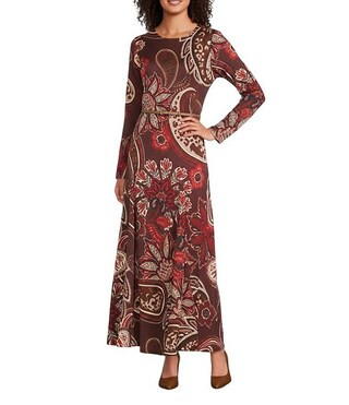 Alex Marie Kate Paisley Printed Satin Crew Neck Long Sleeve Belted Maxi Dress | Dillard's | Dillard's