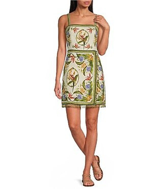 Farm Rio Tropical Scarf Square Neck Sleeveless Printed Linen Mini Dress -  XXS | Dillard's