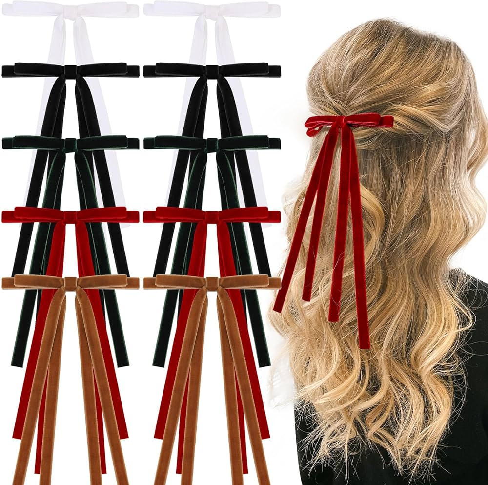 Hair Clips, 10PCS Long Tail Velvet Ribbon Hair Bow Clips Barrettes Tassel Ribbon Bowknot Ponytail... | Amazon (US)