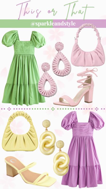 This Or That: Spring Outfits

💚 green midi puff sleeve dress, pink hobo purse, pink statement earrings, pink strappy heels
💜 purple midi puff sleeve dress, yellow block heels, yellow hobo purse, yellow statement earrings 

#LTKstyletip #LTKSpringSale #LTKsalealert