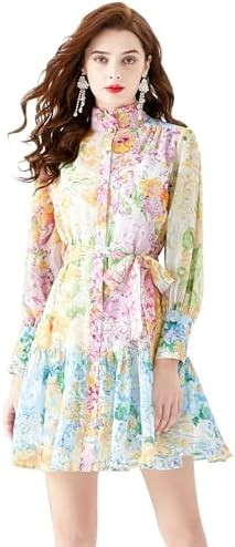 LAI MENG FIVE CATS Women's Floral Print Lantern Sleeve Ruffle Casual Button Belted Thin Loose Fit... | Amazon (US)