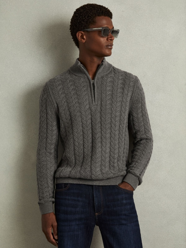 Cabled Quarter Zip Jumper with Cotton and Wool | Reiss US