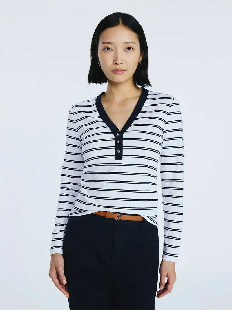 Free Assembly Women's V-Neck Henley with Long Sleeves, Sizes XS-XXL | Walmart (US)