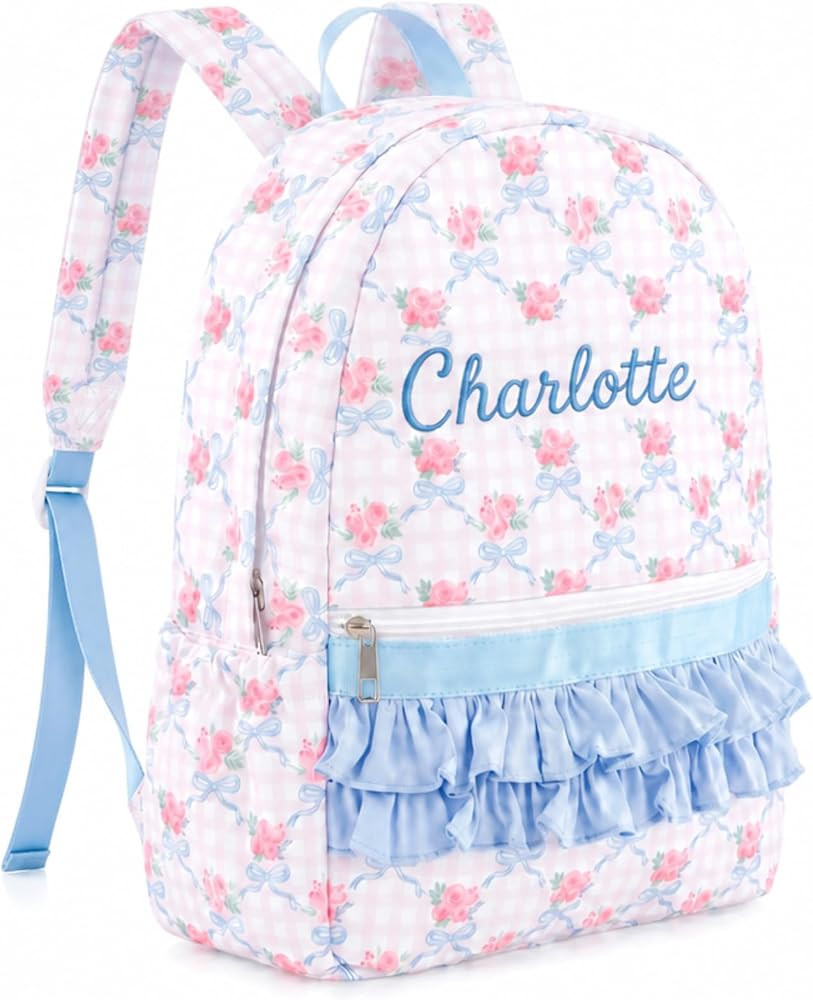Personalized Backpack Custom Girls Preschool Ruffle Bag Rose Rib Latice | Amazon (US)