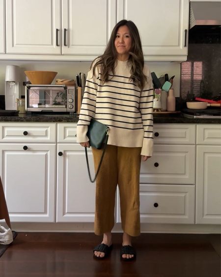 off white striped western with dark camel waffle knit pants is my go to work from outfit that I am not ashamed to grab dinner w my parents with 😅

striped sweater / [old] zara
pants / free people set
sandals / target
bag / dm me for link 