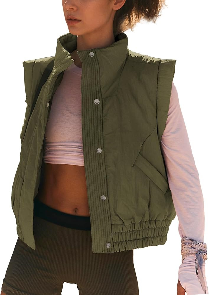 Ainangua Women Cropped Puffer Vest Button Sleeveless Light Jacket Scrunch Stand Collar Essentials... | Amazon (US)