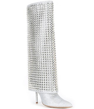 Gianni Bini Lowry Glitter Rhinestone Foldover Stiletto Tall Boots | Dillard's | Dillard's