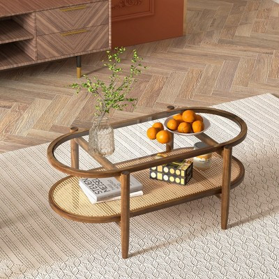 Costway 2-Tier Coffee Table Tempered Glass Top with PE Rattan Shelf & Acacia Wood Frame Brown | Target