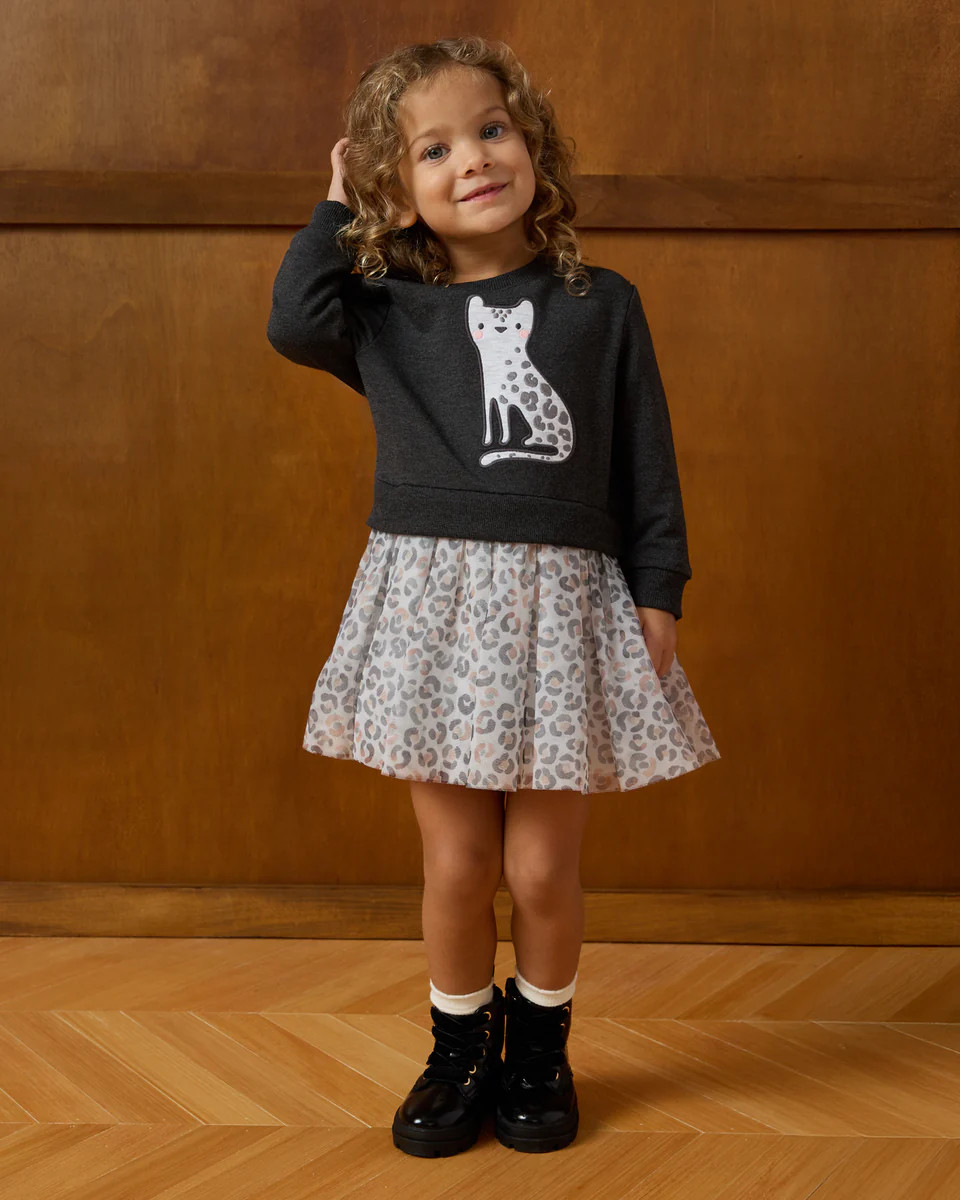 Snowy Leopard Crewneck Tutu Dress | Little Sleepies
