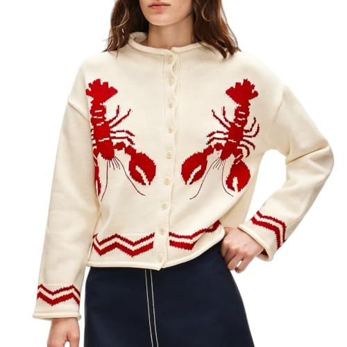 Songling Women's Lobster Sweater Cardigan Rolled Edge Knit Jacket Crochet Color Blocking Fashion Funny Sweater(Ivory-Red,L) | Amazon (US)