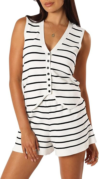 Pink Queen Vest Sets Women 2 Piece Outfits 2024 Summer Casual Knit Loungewear Sleeveless Button D... | Amazon (US)