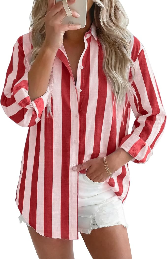 siliteelon Striped Button Down Shirts for Women Linen Button Up Dress Shirt Long Sleeve Blouse Co... | Amazon (US)