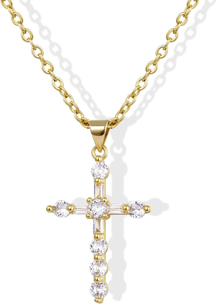KissYan Cross Necklace for Women, 14K Gold Plated Cubic Zirconia Faith Pendant Dainty Religious J... | Amazon (US)