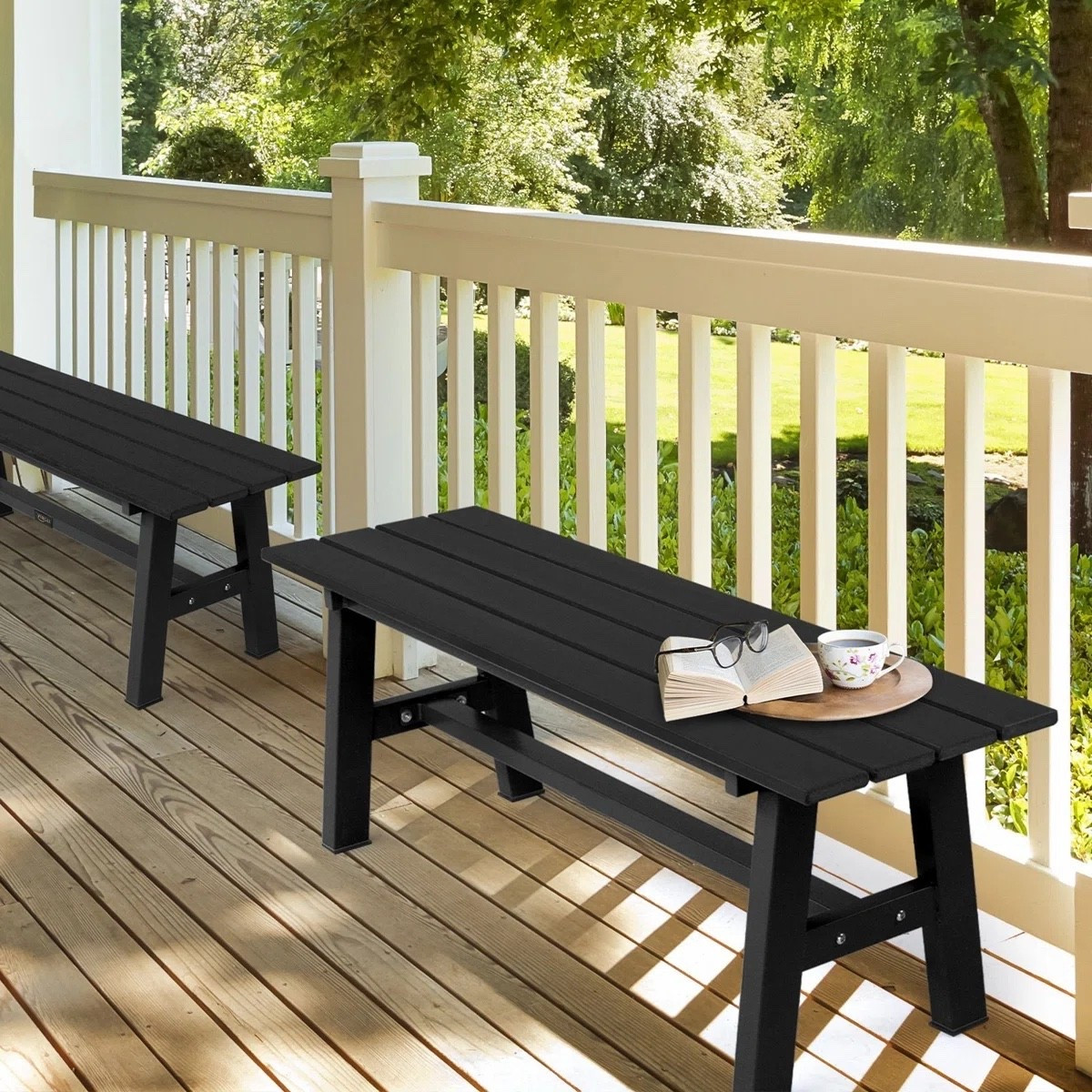 This outdoor patio bench from Wayfair is such a sleek and versatile addition for porches, decks, and backyard seating areas. The clean black finish and modern slatted design make it easy to style with outdoor dining tables, fire pit seating, or cozy patio decor. Love that it’s made for everyday outdoor use while still looking simple and elevated. Perfect for summer hosting and relaxing evenings outside.