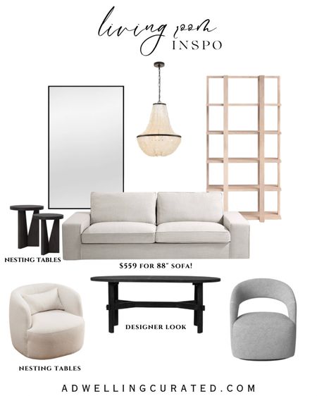 Modern White sofa budget friendly. Gray accent chair swivel. Barrel accent chair white. Tall shelving unit white oak. Large floor mirror. Modern mirror tall. Living room inspiration. Rustic coffee table oval. Nesting side tables. 

#LTKFind 

#LTKsalealert #LTKhome