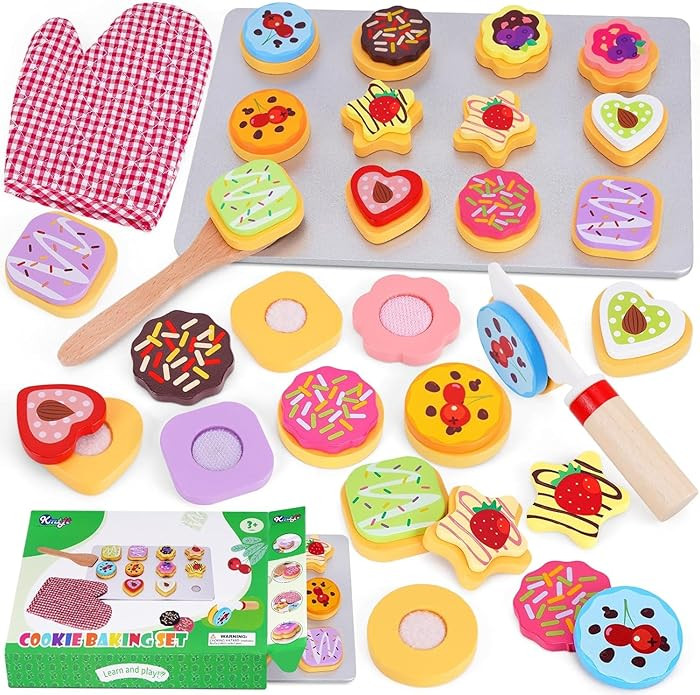 Slice and Bake Wooden Cookie Play Food Set for Kids Kitchen - Toy Food Accessories - Kids Pretend... | Amazon (US)