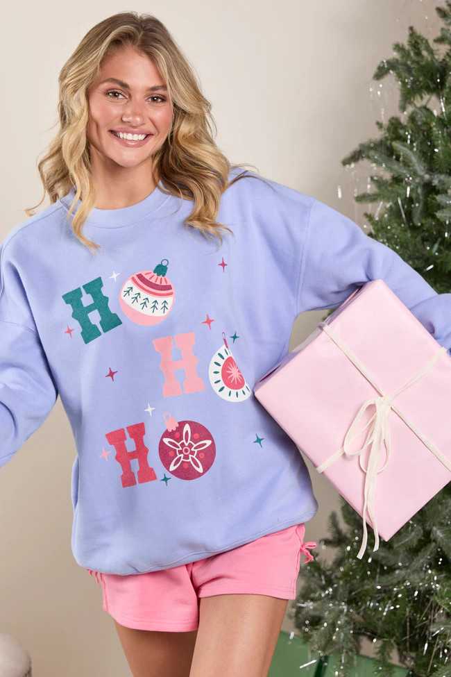 Ho Ho Ho Ornament Periwinkle Graphic Sweatshirt | Pink Lily