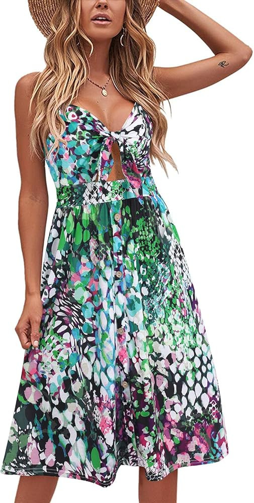 VOTEPRETTY Womens Summer Floral Sundress V Neck Tie Front Spaghetti Strap Dresses with Pockets | Amazon (US)