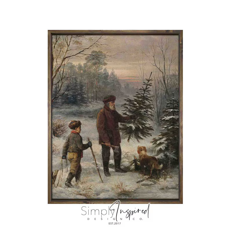 Christmas Tree Cutting FRAMED Artwork Winter Art Wall Decor Family Room Christmas Vintage Modern ... | Etsy (US)