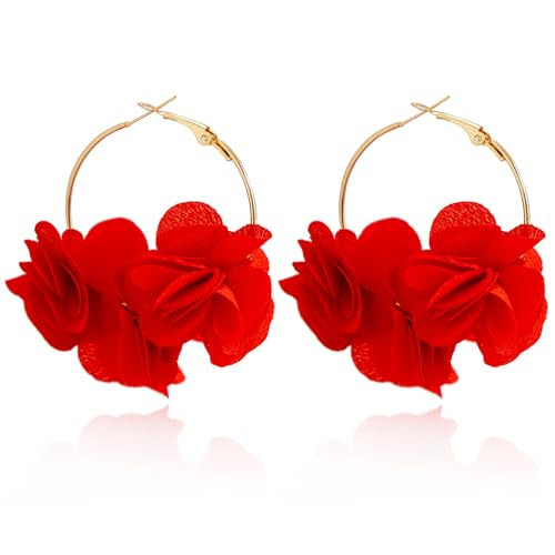 Aksod Christmas Flower Earrings Red Rose Floral Earrings Dangle Lightweight Fabric Circle Hoops Xmas Holiday Earring Jewelry for Women (Red) | Amazon (US)
